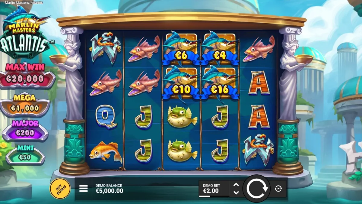 Tampilan visual slot Marlin Masters Atlantis dengan latar belakang kota kuno yang megah.