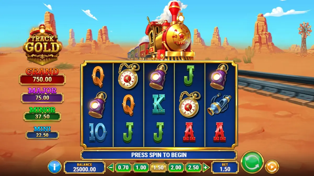 Tampilan visual slot Track’n Gold dengan tema kereta api dan emas